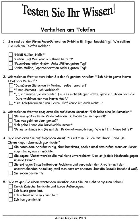 Testen Sie ihr Wissen - Verhalten am Telefon