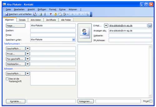 2. Klicken Sie auf den Befehl „Zu Outlook-Kontakten hinzufügen ...“. Daraufhin öffnet sich das gewohnte Fenster, um den Kontakt anzulegen: