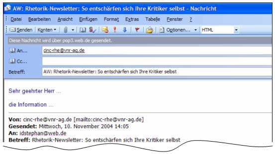 Die ursprüngliche Nachricht wird nach der freien Fläche im Nachrichtenfeld für die Anwort - getrennt durch einen grauen Strich – angezeigt. 