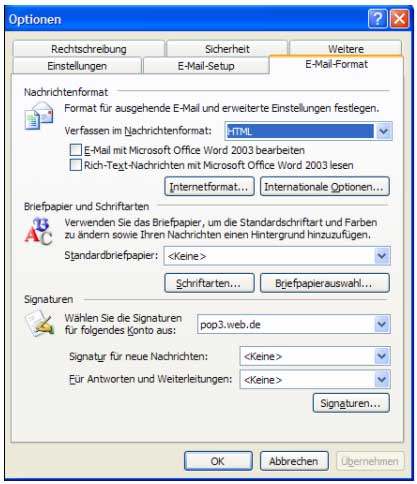 Klicken Sie im Fenster Optionen auf die Registerkarte E-Mail-Format.