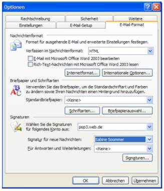 Damit die neu erstellt Signatur standardmäßig übernommen wird, müssen Sie im folgenden Fenster im Listenfeld „Signatur für neue Nachrichten“ den entsprechenden Namen auswählen und mit Klick auf die Schaltfläche „Übernehmen“ speichern.