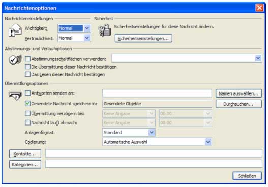 Daraufhin öffnet sich das Fenster „Nachrichtenoptionen“, indem Sie die gewünschten Merkmale für Ihre E-Mail festlegen können.