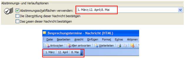 Sie können auch sehr einfach selbst Abstimmungsschaltflächen definieren, indem Sie die gewünschten Begriffe getrennt durch Semikolon in das Optionsfeld eingeben.