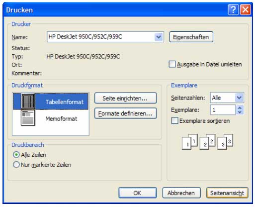 Im folgenden Fenster können Sie im Feld „Druckformat“ zwischen Tabellenformat und Memoformat auswählen.