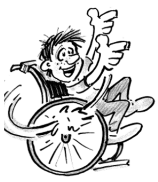 Karikatur: Fröhlicher Junge im Rollstuhl