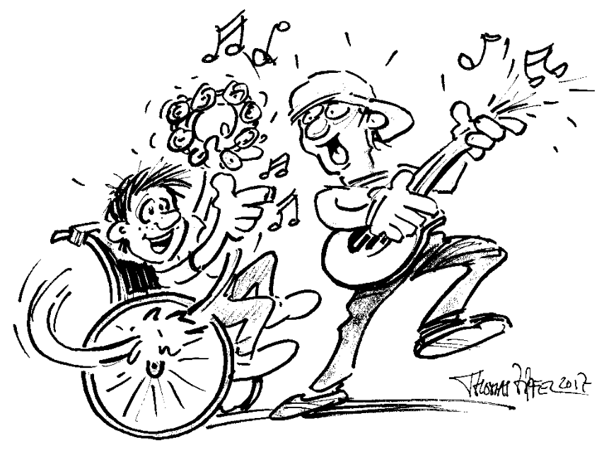 Karikatur: Junge im Rollstuhl mit Rassel und Gitarist musizieren