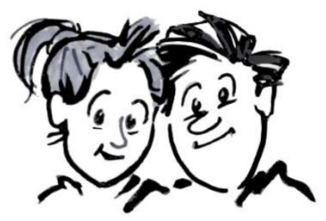 Karikatur: Köpfe von Frau und Mann, fröhlicher Gesichtsausdruck