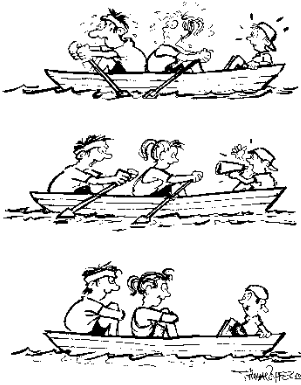 Karikatur: Eltern im Ruderboot, Zweier mit Kind als Steuermann