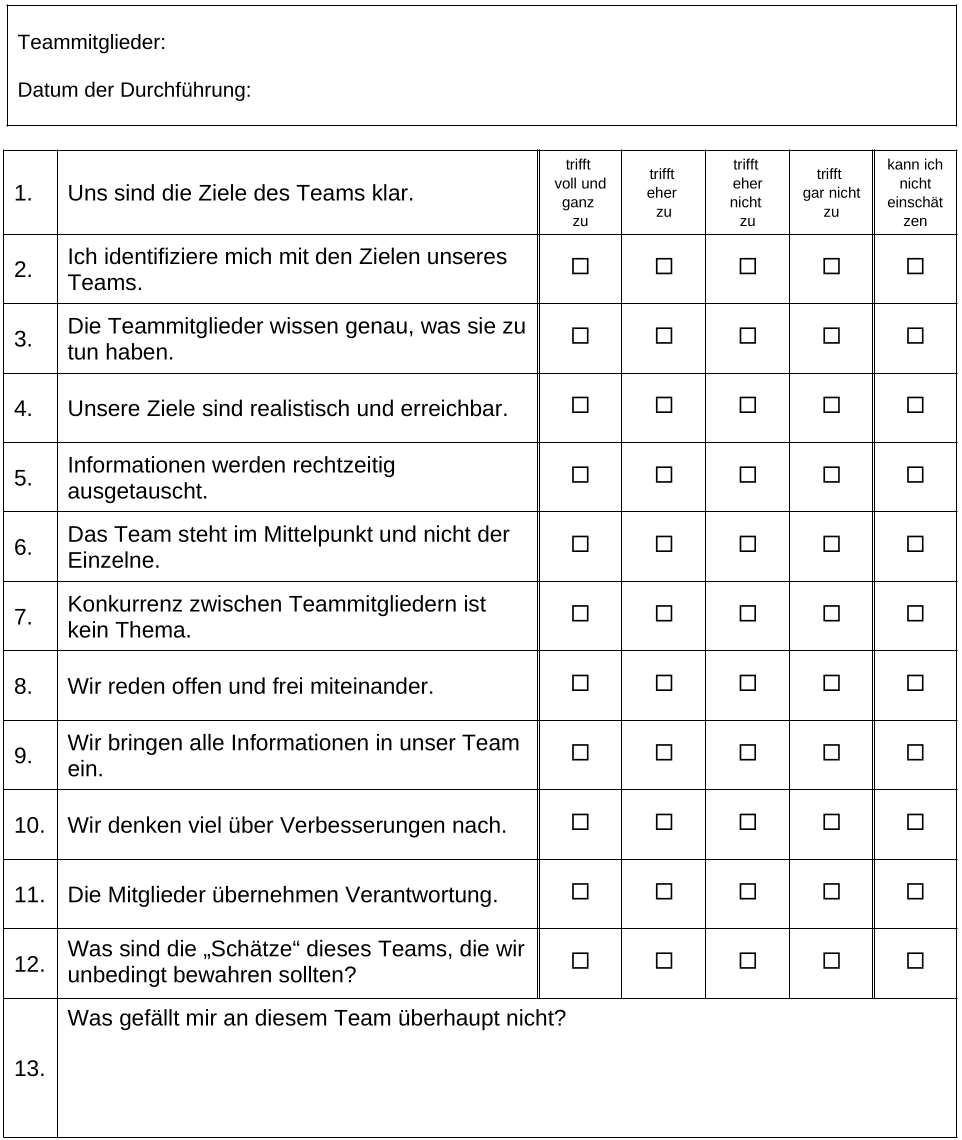 Fragebogen zur Arbeit im Team