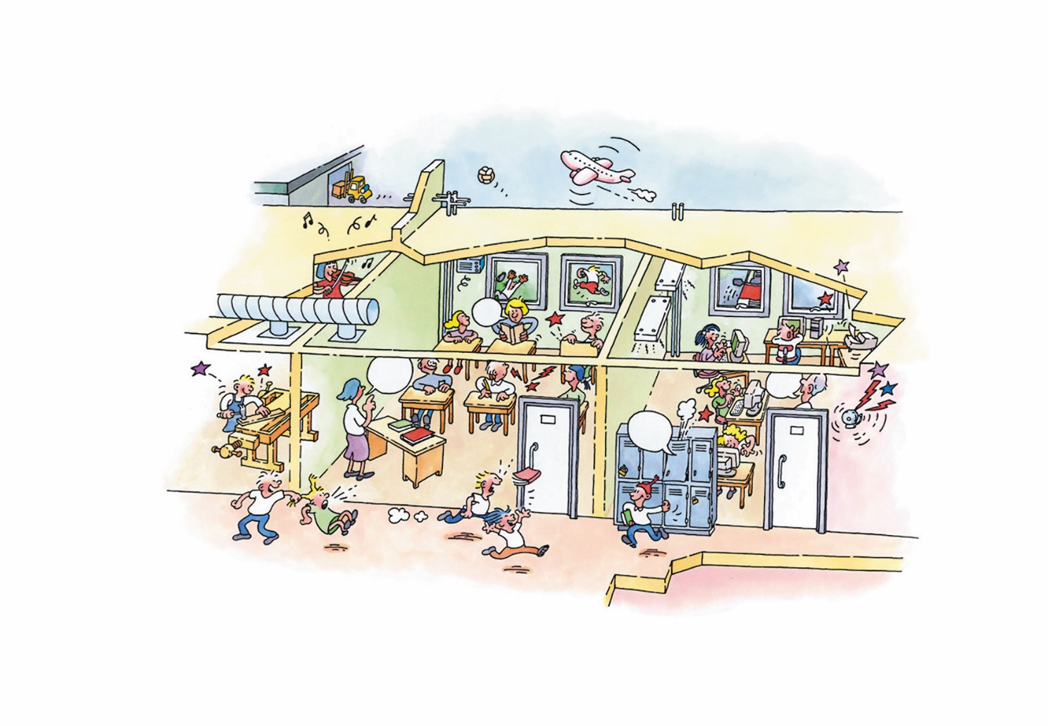 Karikatur: Lärm in Bildungsstätten