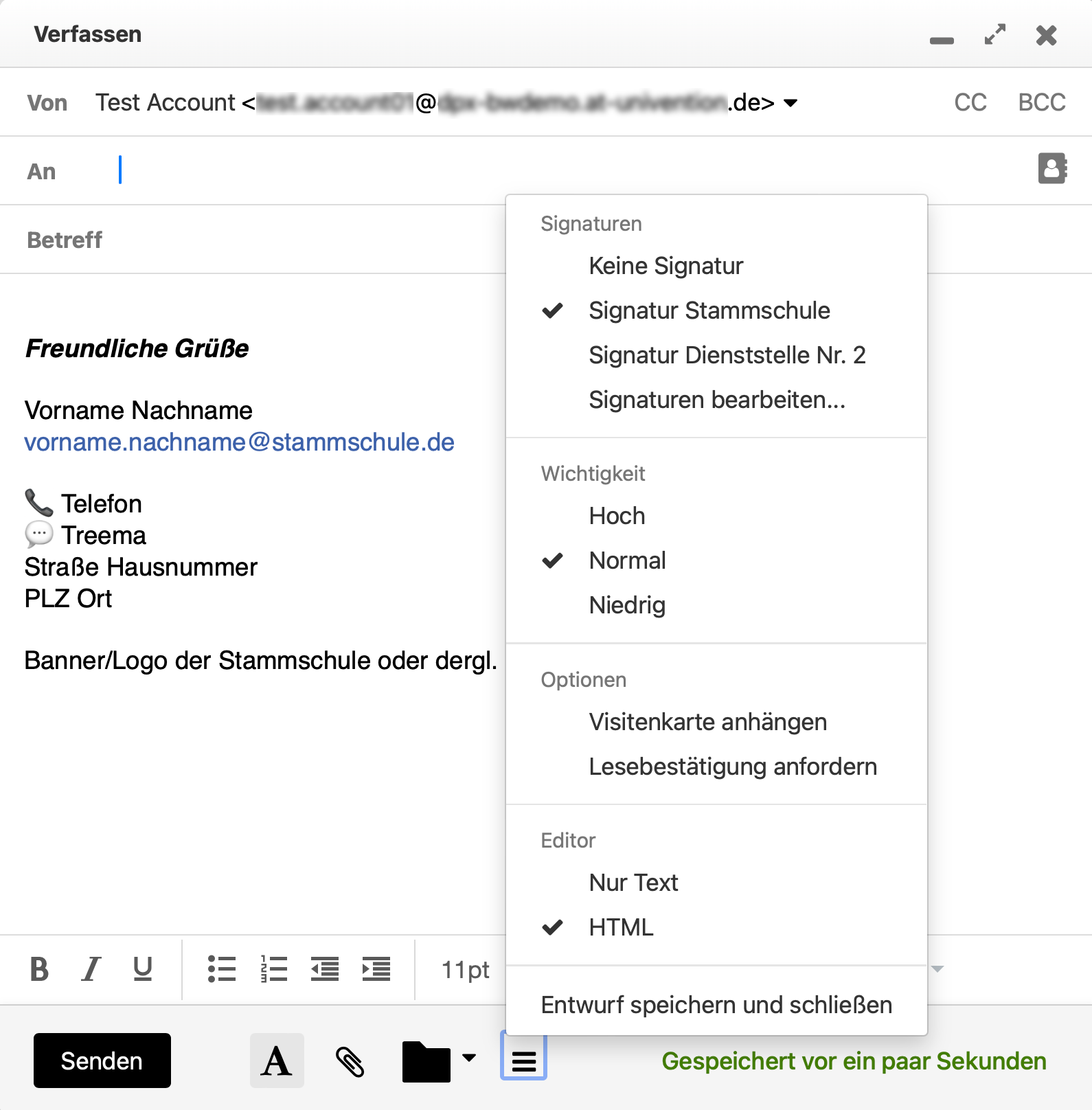 Umkreist ist in diesem Screenshot eine Schaltfläche beim Verfassen einer E-Mail, bei der man durch das Setzen eines Häkchens die passende Signatur auswählt.