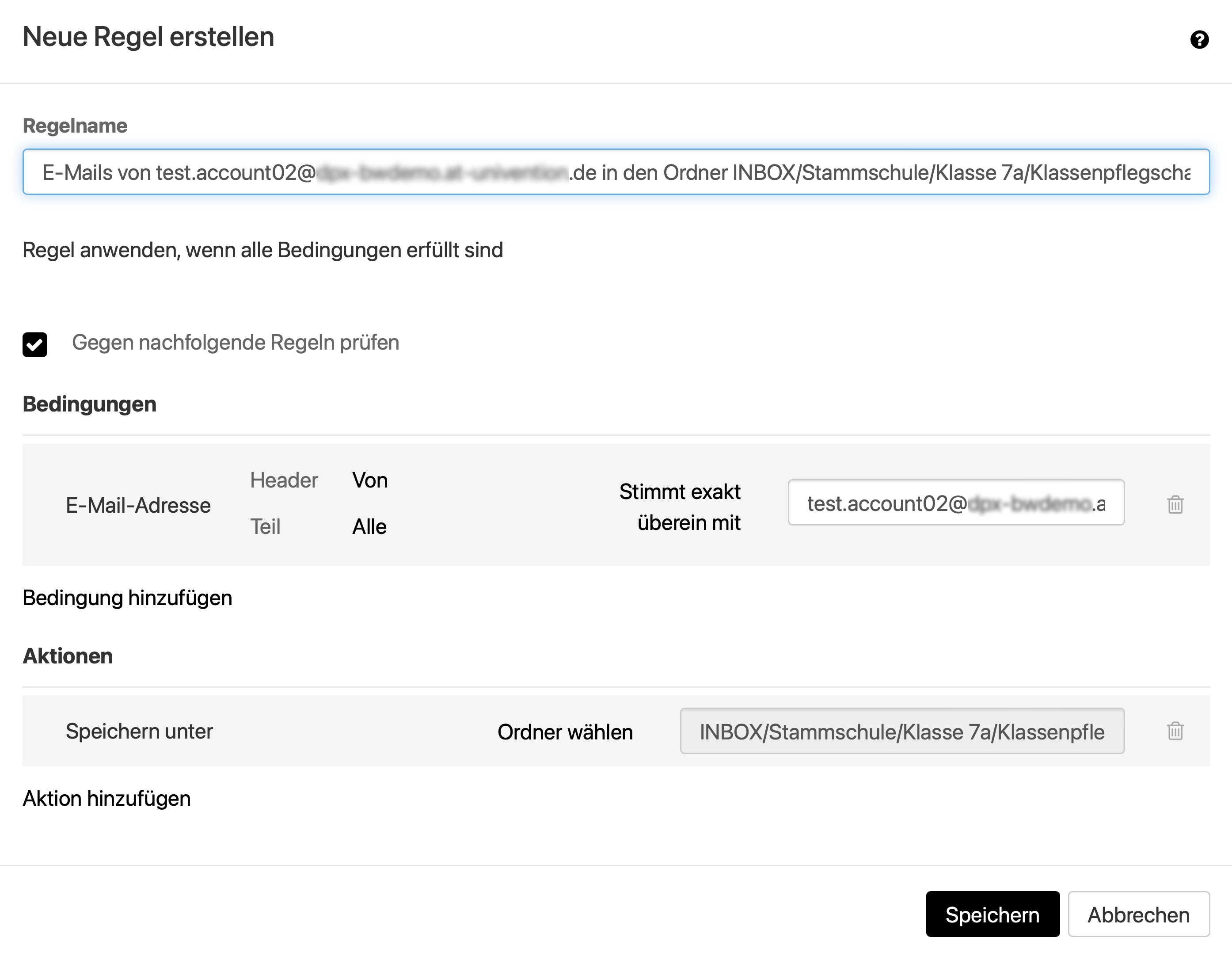 Screenshot des Dialogfensters: Neue Regel erstellen. Weitere Bedingungen und Aktionen können eingestellt werden