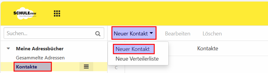 Screenshot, der links im Seitenmenü auf das entsprechende Adressbuch und dann oben im Menüband auf <em />Neuer Kontakt</em> verweist. Im Dropdown-Menü ist ebenfalls die Zeile Neuer Kontakt hervorgehoben.
