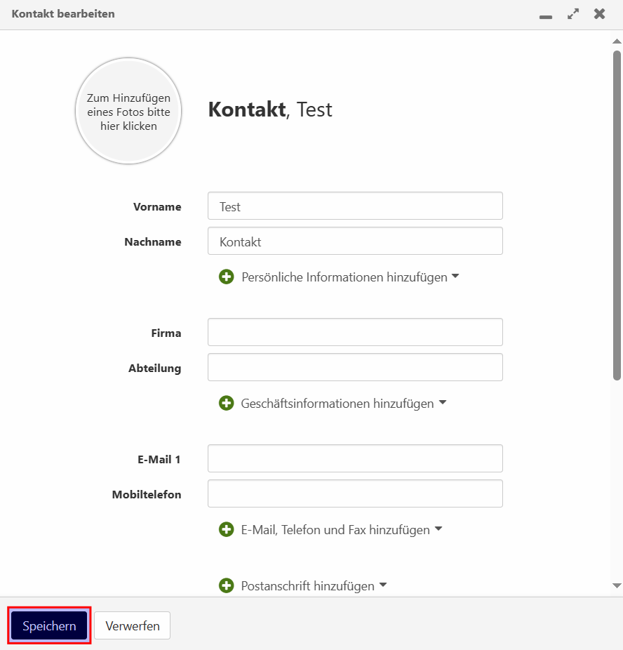 Screenshot, der das sich öffnende Fenster zeigt, in dem die Angaben zu dem neuen Kontakt bearbeitet und gespeichert werden können.