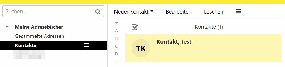 Screenshot, der das Adressbuch zeigt. Links im Menü ist der Begriff Kontakte ausgewählt.