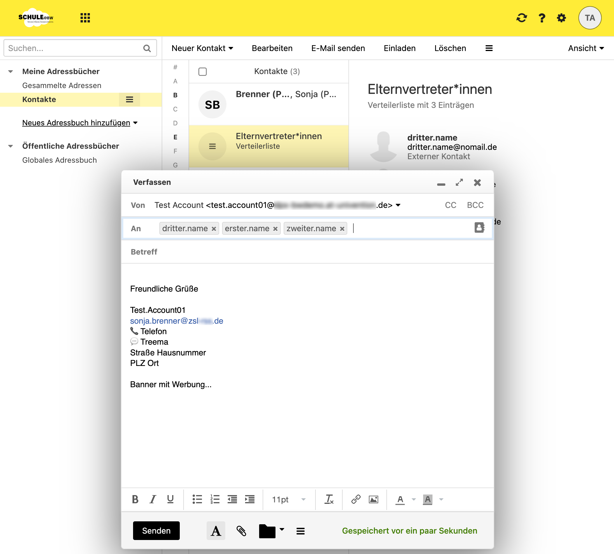 Screenshot, der zeigt, wie die angeklickte Adressliste gelb hinterlegt ist, so dass die Kontakte, die im Verteiler hinterlegt sind, automatisch als Empfänger der neuen Mail angelegt werden.