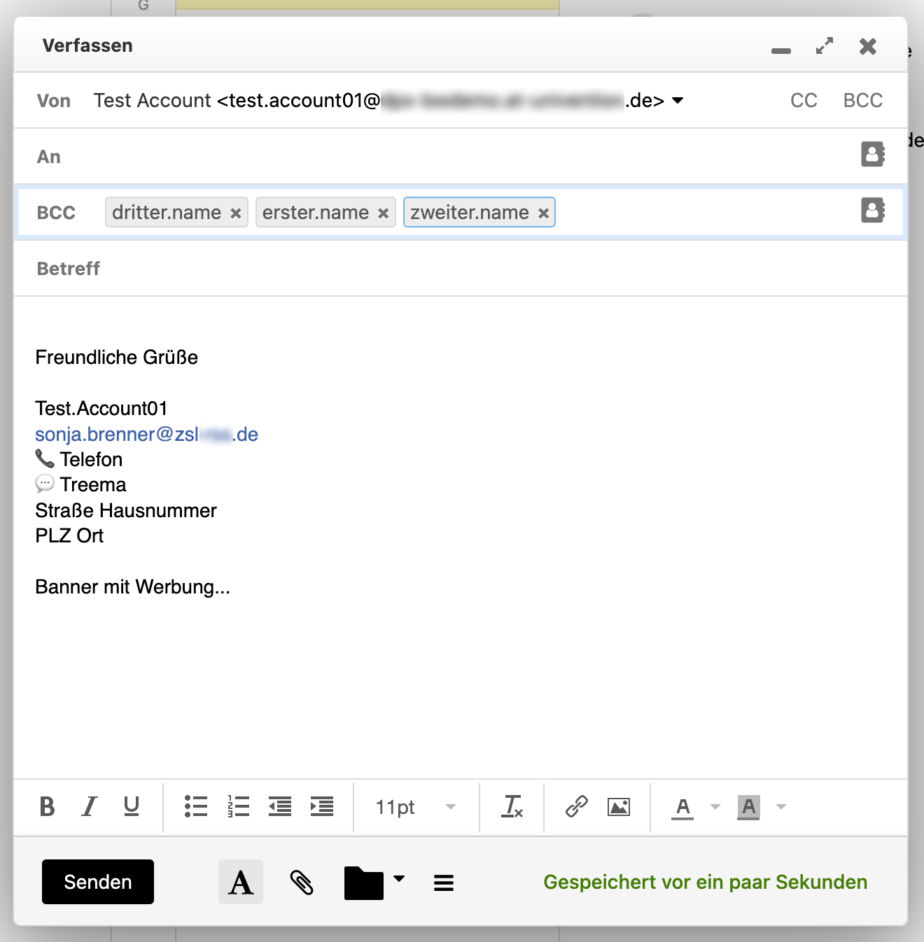 Screenshot einer Mail mit aktiviertem BCC-Feld, die Kontakte sind vom Feld An in das Feld BCC verschoben.