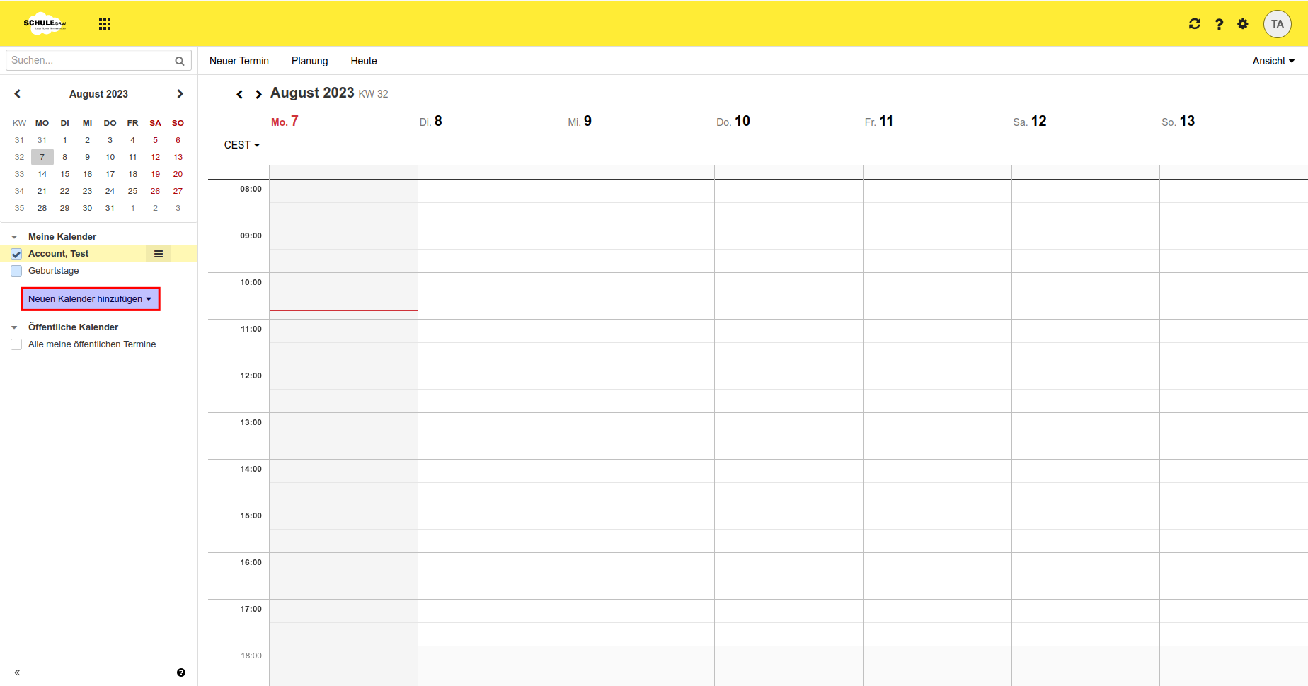Screenshot des Kalenders innnerhalb von Schule@BW. Im linken Seitenmenü wurde auf Neuen Kalender hinzufügen geklickt.