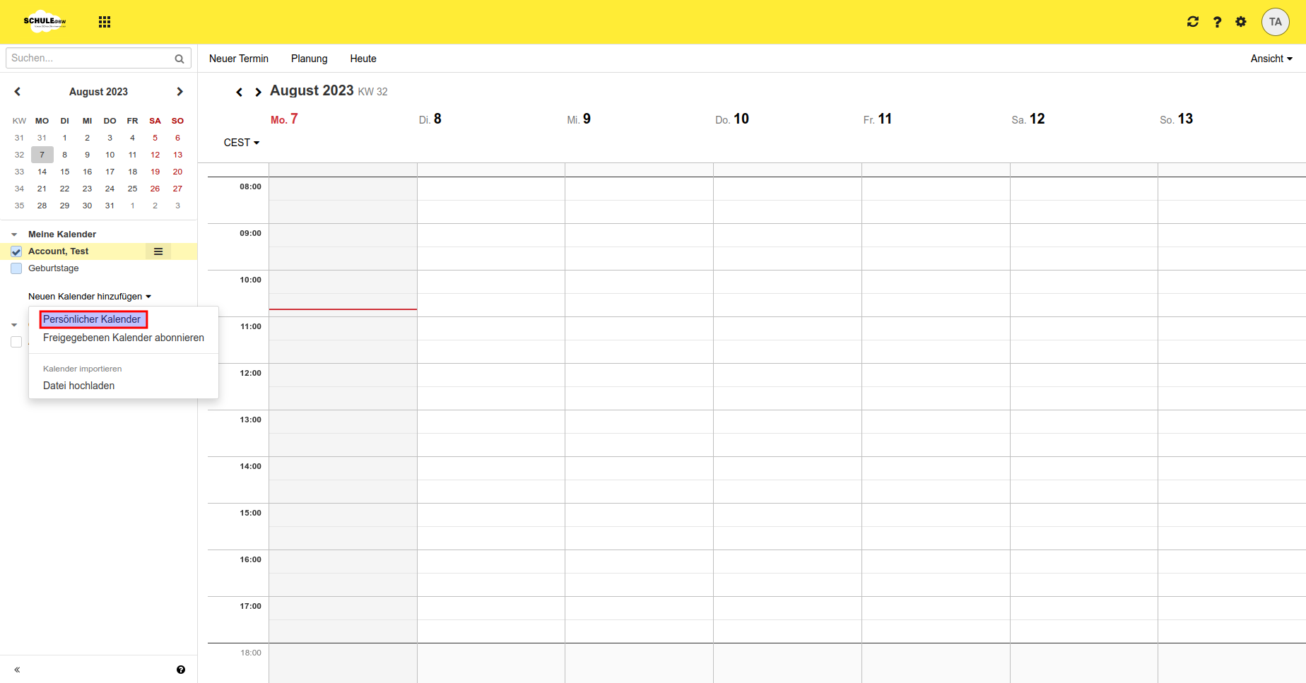 Screenshot des Kalenders innnerhalb von Schule@BW. Im linken Seitenmenü wurde auf Neuen Kalender hinzufügen geklickt, so dass hier nun das aufgeklappte Menü Persönlicher Kalender sichtbar wir.