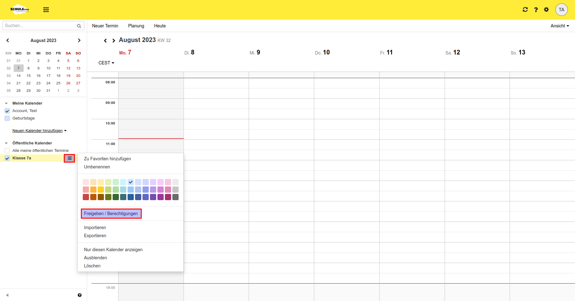 Markiert ist das Burgermenü im linken Seitenmenü, über das verschiedenen Einstellungen freigegeben werden können, hier zum Beispiel farbliche Anpassungen. Hervorgehoben ist außerdem der Button Freigeben/Berechtigungen.