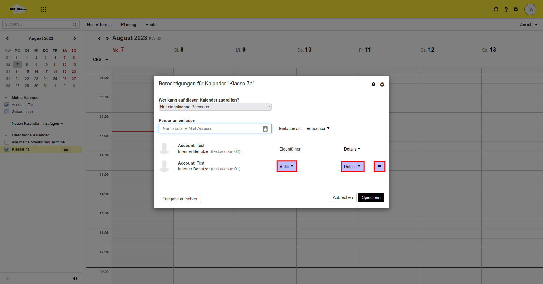 Weiterer Screenshot des Dialogfelds zum Kalender, wobei hier hervorgehoben wird, dass die Rolle für jede einzelne Person nachträglich bearbeitet werden kann und dass über das Burgermenü am Ende jeder Zeile auch Personen aus der Liste entfernt werden können.