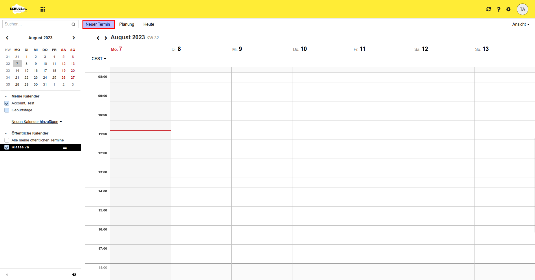 Screenshot des Kalenders in Schule@BW, bei dem der Button oben 'Termin anlegen' markiert ist.