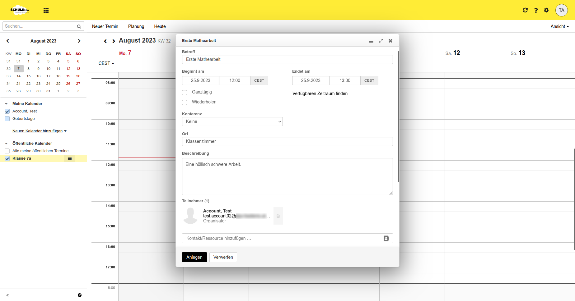 Screenshot eines neuen Dialogfensters, das zeigt, wie man dem Termin einen Namen gibt und die Zeit festgelegt wird.