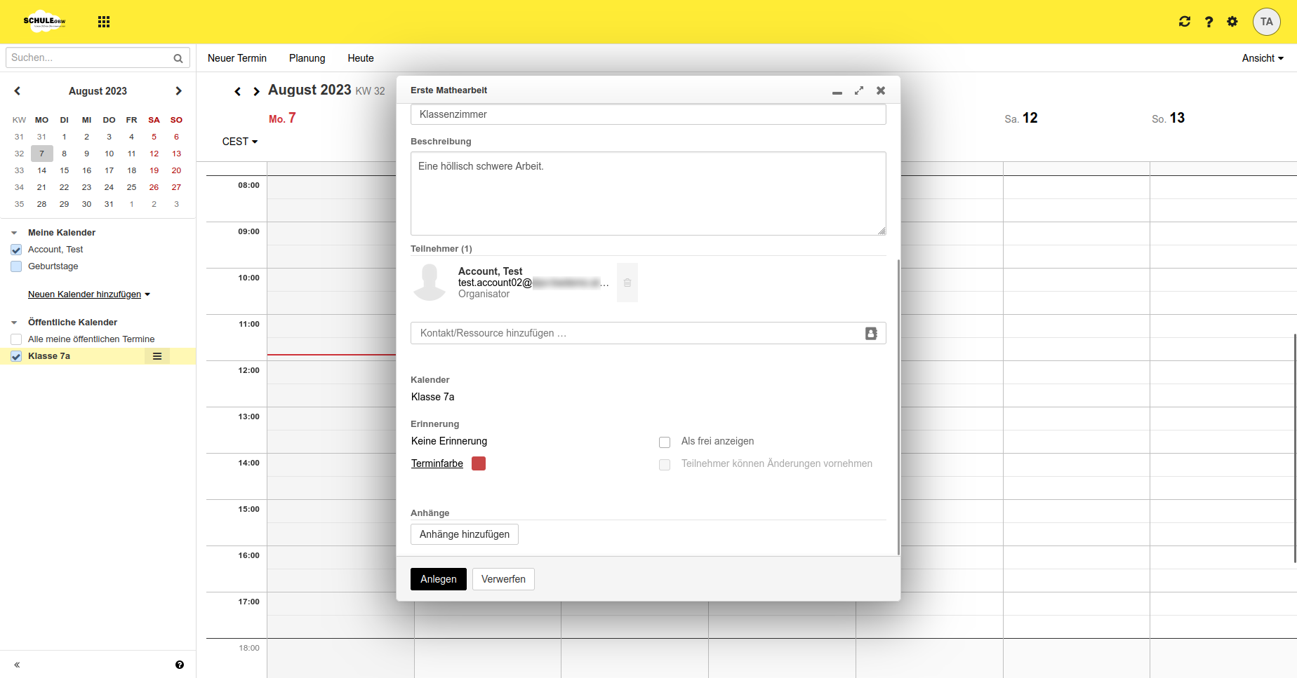 Weiterer Screenshot des Dialogfensters, in dem man zusätzlich auch Angaben zum Ort oder auch Anhänge hinzufügen sowie die Farbe des Termins bestimmen kann.