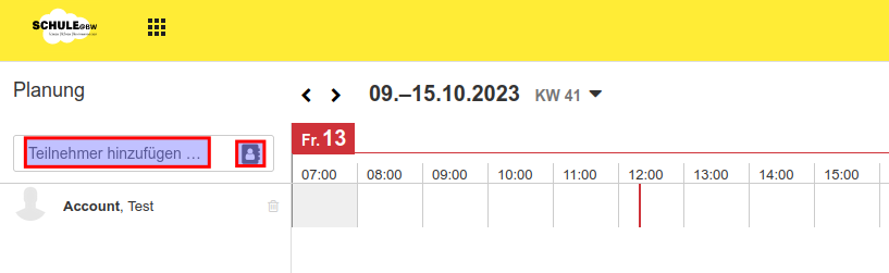 Screenshot, der das nue geöffnete Fenster zeigt, in dem das Eingabefeld für teilnehmende Personen auf der linken Seite rot umrandet ist