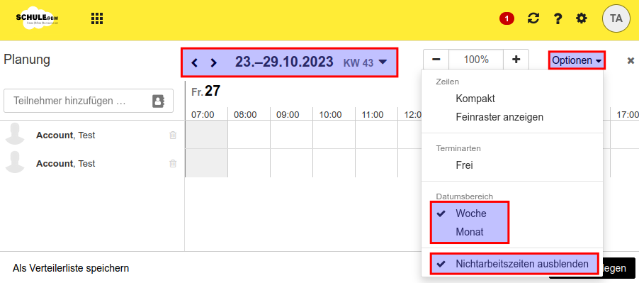 Screenshot des Planungsfensters, in dem die Steuerelemente rot umrandet sind: Zeitfenster und verschiedene Optionen, ob beispielsweise eine Woche oder ein Monat angezeigt werden soll.