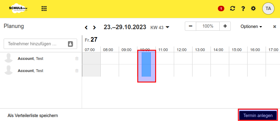 Screenshot, der ein markiertes Zeitfenster für zwei Teilnehmer zeigt. Hier freitags, 10 Uhr