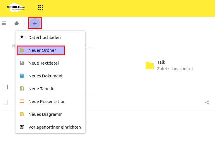 Screenshot, der das + im oberen Menüband und im Dropdownmenü 'Neuer Ordner' rot umrandet hervorhebt