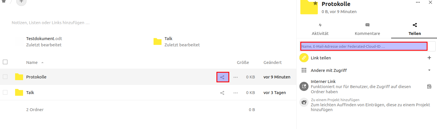 Screenshot, der den 'Teilen-Button' rot umrandet hervorhebt sowie das Eingabefeld auf der rechten Seite, in dem die Namen oder Mailadressen der Personen eingegeben werden können, die Zugriff erhalten sollen.