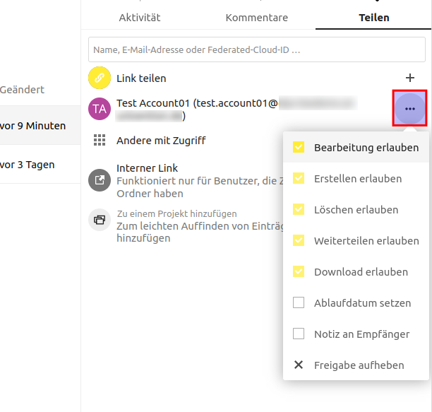 Screenshot, der das Dreipunkt-Menü auf der rechten Seite rot umrandet hervorhebt und das dazugehörige Dialogfeld zeigt, in dem die Berechtigungen für den jeweiligen Nutzer eingestellt werden können.