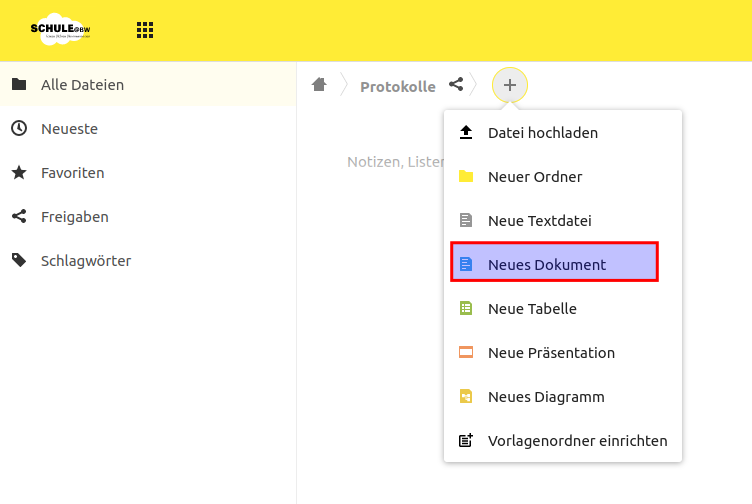 Screenshot aus dem Bereich Protokolle, das Plus im oberen Menüband ist angeklickt. Im Dialogfeld ist 'Neues Dokument' rot umrandet hervorgehoben.