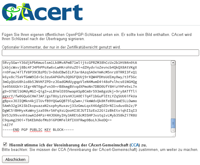 GnuPG-Public-Key aus der Zwischenablage in das CAcert-Formular eingefügt