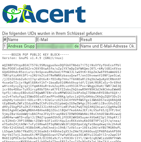 GnuPG-Public-Key aus der Zwischenablage in das CAcert-Formular eingefügt