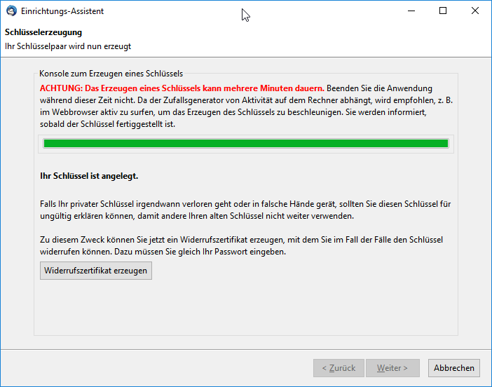 OpenPGP-Schlüsselpaar ist erfolgreich erzeugt - Erstellung eines Widerrufszertifikat wird empfohlen