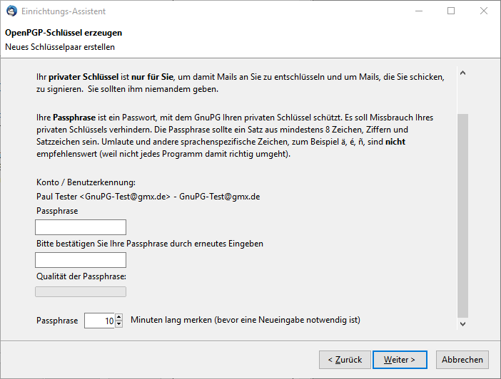 Enigmail Startdialog zur Erzeugung eines OpenPGP-Schlüsselpaars