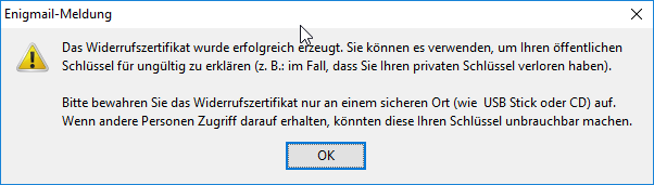 Widerrufzertifikats erzeugt und abgespeichert