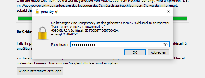 Eingabe des Schlüssel-Passphrases