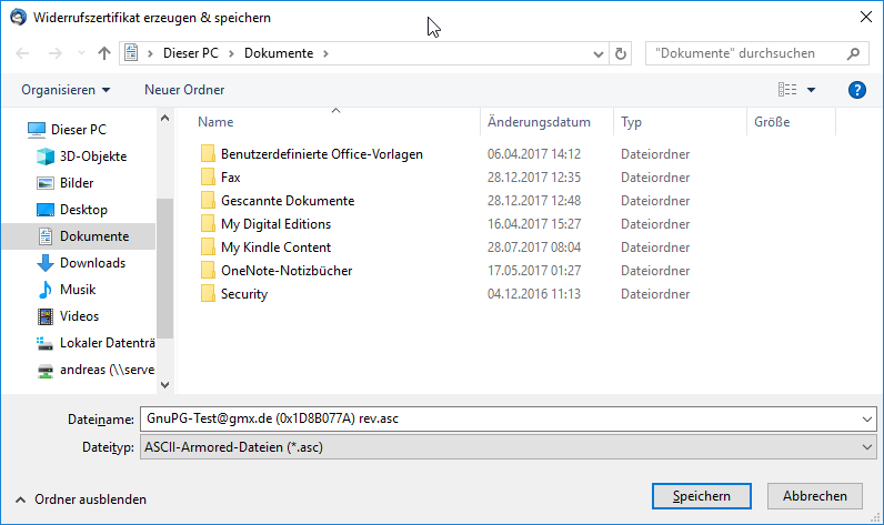 Speicherung des Widerrufzertifikats