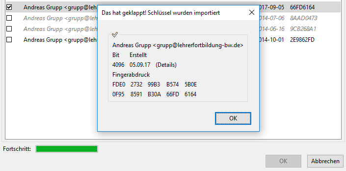 Public Key erfolgreich von Schlüsselserver importiert