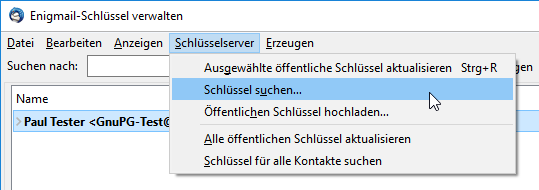 Enigmail Schlüsselverwaltung - Menüeintrag um nach Schlüsseln auf einem Keyserver zu suchen
