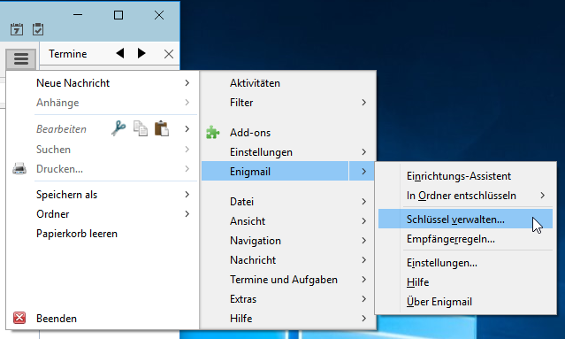 Start der Enigmail Schlüsselverwaltung