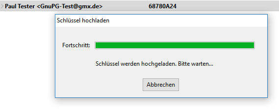 Upload des öffentlichen Schlüssels (Public Keys) auf einen Schlüsselserver im Internet