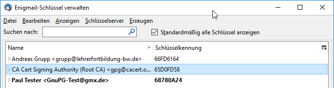 CAcert in der Enigmail Schlüsselverwaltung
