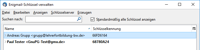 Public Key erfolgreich von Schlüsselserver importiert