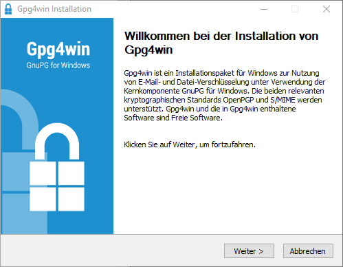Startdialog der Gpg4win-Installation