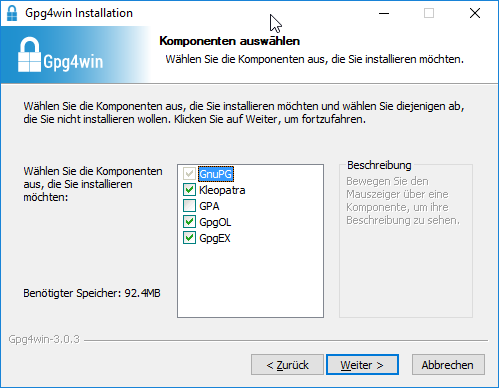 Auswahl der Gpg4win-Installationskomponenten